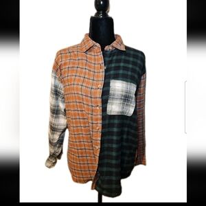 Just Polly Womens Flannel Mixed Plaid Button Down Long Sleeve Blouse S